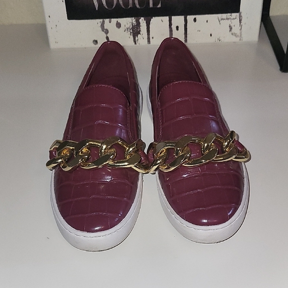 MICHAEL Michael Kors Burgundy and Gold Sneakers with Chain Detail - Picture 1 of 6